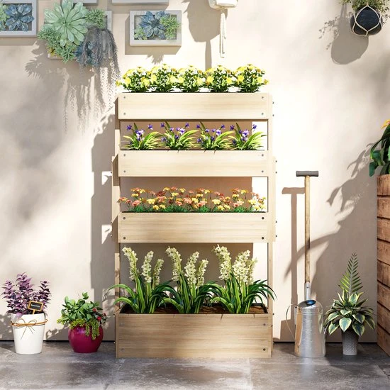 Verhoogde Plantenbak Hout - 4-laags Plantenrek met Drainage - 88,5 x 45 x 140 cm
