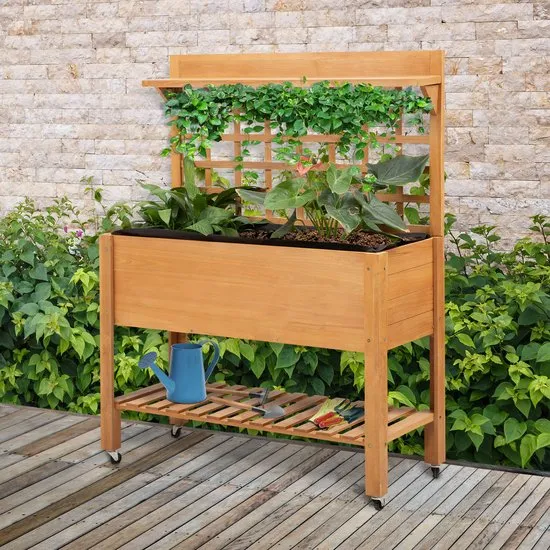 Verhoogde Plantenbak Hout op Wielen met klimrek - 45x105x135 cm