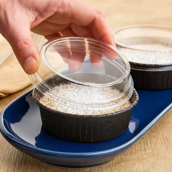 8 oz. Round Ovenproof Paperboard Baking Cup Clear PET Dome Lid - #13810-00117