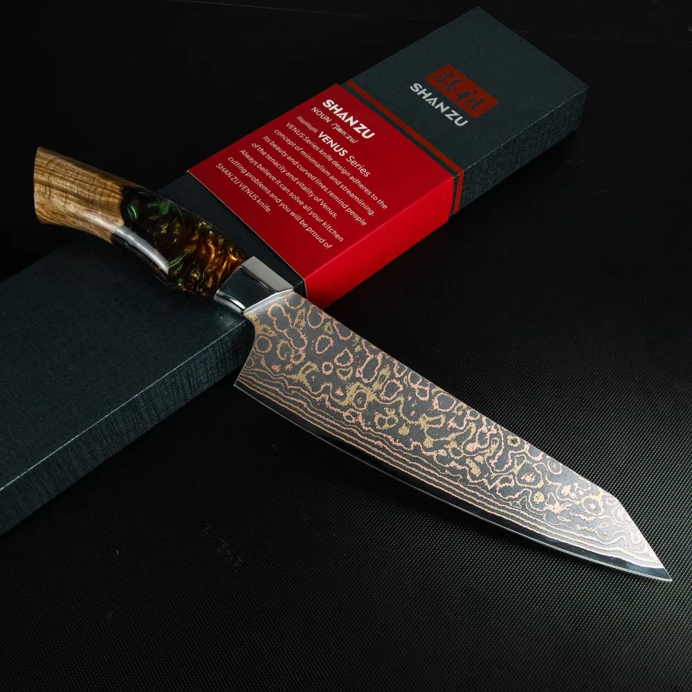 Venus Series | Koperkleurig Damascus Chef Knife 8" + Magnetic Knife Holder
