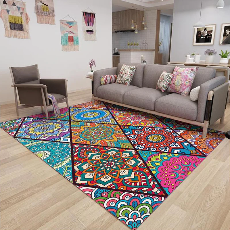 Colorful Bedroom Rug Moroccan Floral Diamond Dots Pattern Rug Polyesterstof Machine Washable Non-Slip Backing Area Rug Yellow