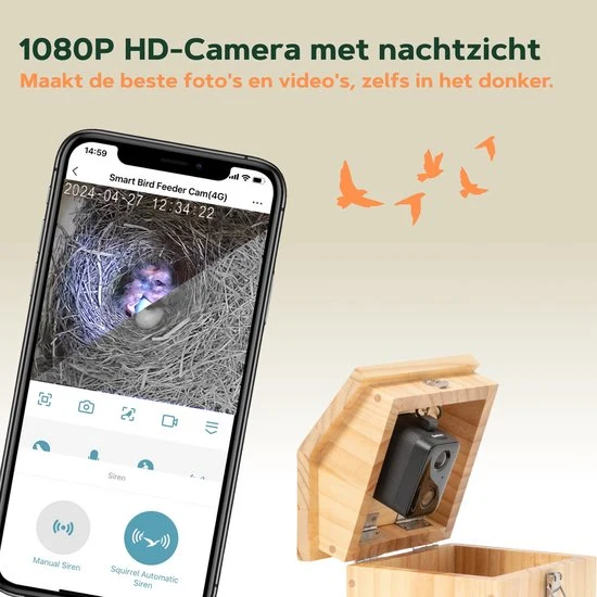 Vogelview Nestlife360 - Vogelhuisje met Camera - Hout - AI vogelherkenning - 1080p HD - Audio - Met zonnepaneel