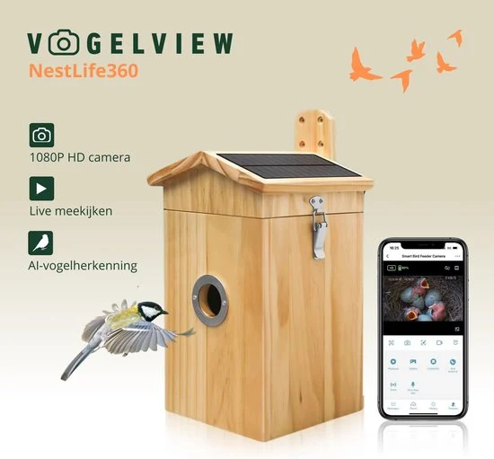 Vogelview Nestlife360 - Vogelhuisje met Camera - Hout - AI vogelherkenning - 1080p HD - Audio - Met zonnepaneel