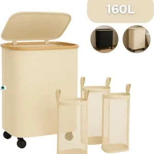 AKSA Home® Wasmand met Wieltjes - Wassorteerder met 3 vakken - Wasmand Opvouwbaar met Deksel - 160L - Beige/Creme