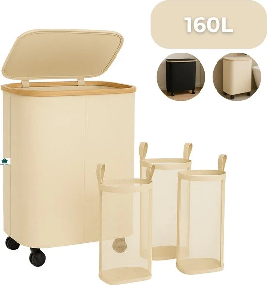 AKSA Home® Wasmand met Wieltjes - Wassorteerder met 3 vakken - Wasmand Opvouwbaar met Deksel - 160L - Beige/Creme