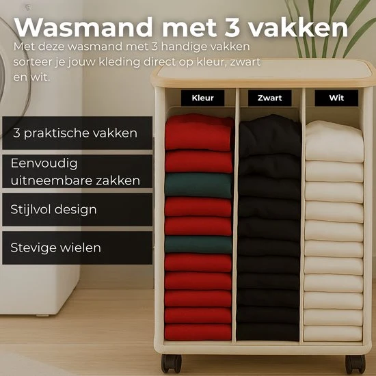 AKSA Home® Wasmand met Wieltjes - Wassorteerder met 3 vakken - Wasmand Opvouwbaar met Deksel - 160L - Beige/Creme
