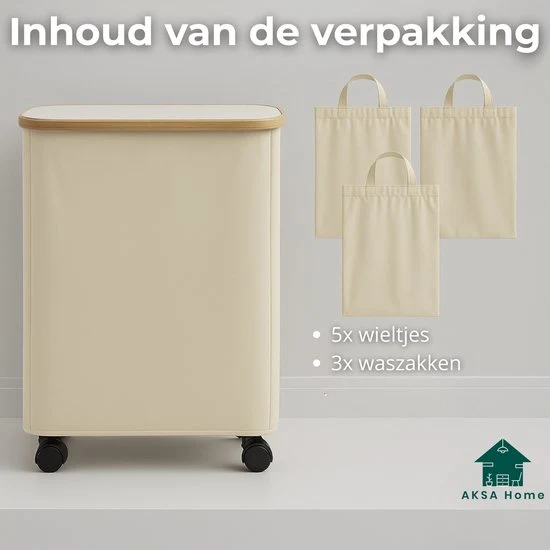 AKSA Home® Wasmand met Wieltjes - Wassorteerder met 3 vakken - Wasmand Opvouwbaar met Deksel - 160L - Beige/Creme