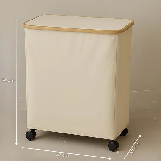 AKSA Home® Wasmand met Wieltjes - Wassorteerder met 3 vakken - Wasmand Opvouwbaar met Deksel - 160L - Beige/Creme