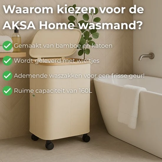 AKSA Home® Wasmand met Wieltjes - Wassorteerder met 3 vakken - Wasmand Opvouwbaar met Deksel - 160L - Beige/Creme