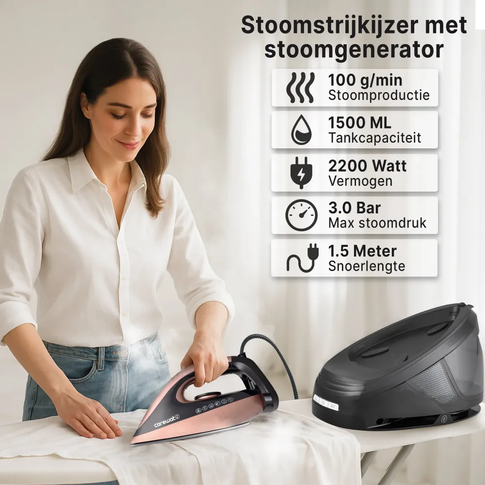 Carewat Stoomstrijkijzer met Stoomgenerator - Goud - 2200W - 1.5L Uitneembare Watertank - 100 g-min Stoomproductie - Keram...