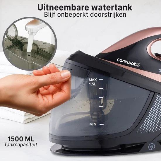 Carewat Stoomstrijkijzer met Stoomgenerator - Goud - 2200W - 1.5L Uitneembare Watertank - 100 g-min Stoomproductie - Keram...