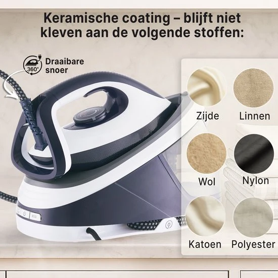 Carewat Stoomstrijkijzer met Stoomgenerator - Wit - 2200W - 1.5L Uitneembare Watertank - 100 g-min Stoomproductie - Kerami...