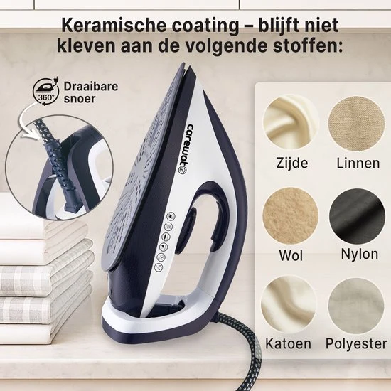 Carewat Stoomstrijkijzer met Stoomgenerator - Wit - 2200W - 1.5L Uitneembare Watertank - 100 g-min Stoomproductie - Kerami...