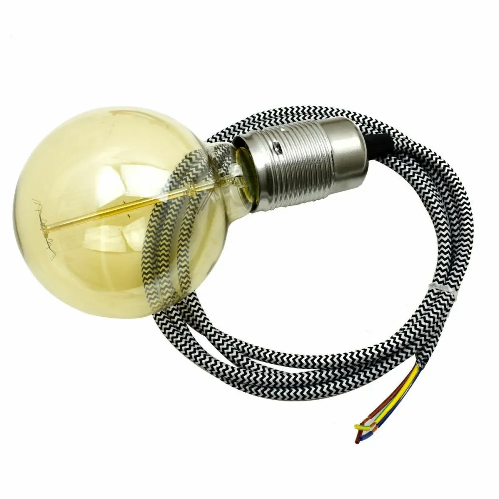E27 chroomkleurige aluminium houder, stof, 3-aderig, rond, zwart-wit, 1 m kabel, pendelset ~ 2159