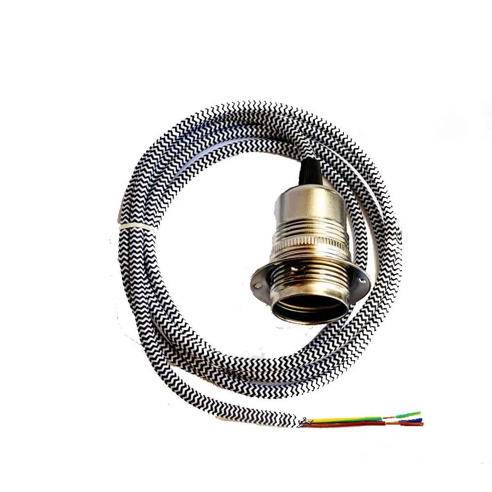 E27 chroomkleurige aluminium houder, stof, 3-aderig, rond, zwart-wit, 1 m kabel, pendelset ~ 2159