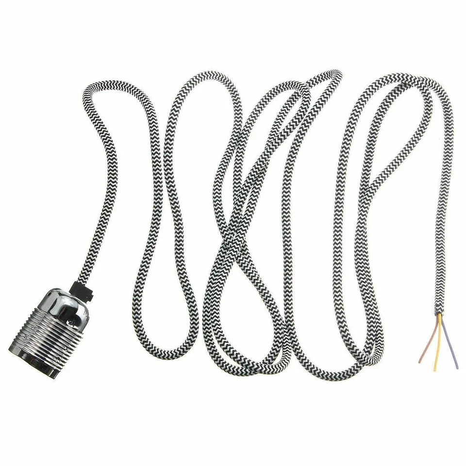 E27 chroomkleurige aluminium houder, stof, 3-aderig, rond, zwart-wit, 1 m kabel, pendelset ~ 2159