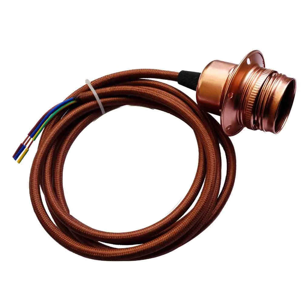 E27 koperkleurige aluminium houder, stof, 3-aderig, rond, bruin, 1 m kabel, pendelset ~ 2158