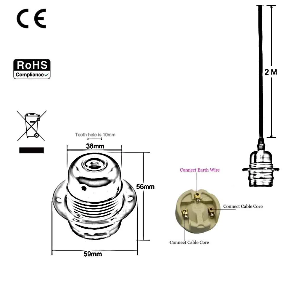 E27 koperkleurige aluminium houder, stof, 3-aderig, rond, bruin, 1 m kabel, pendelset ~ 2158