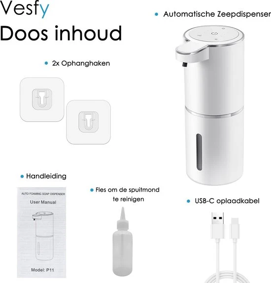 Vesfy Automatische Zeepdispenser met Wandmontage - USB Oplaadbaar - Infrarood Sensor en Foamfunctie - 380ML