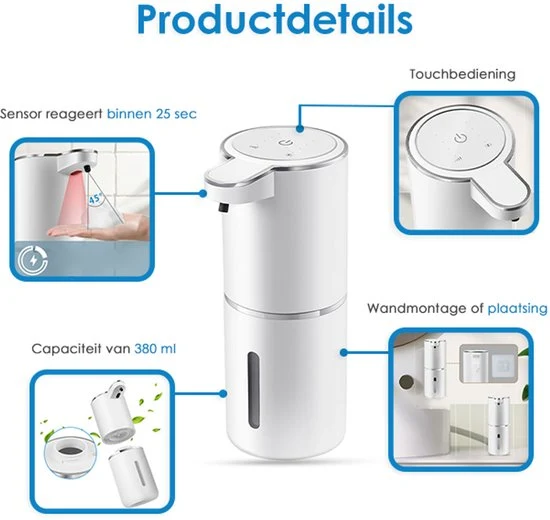 Vesfy Automatische Zeepdispenser met Wandmontage - USB Oplaadbaar - Infrarood Sensor en Foamfunctie - 380ML
