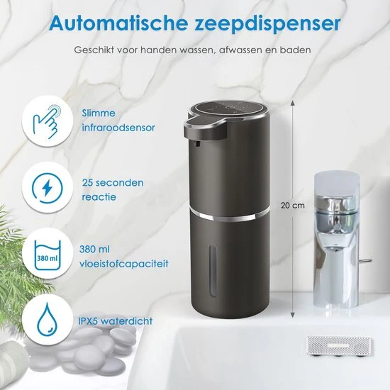 Vesfy Automatische Zeepdispenser Zwart met Wandmontage - USB Oplaadbaar - Infrarood Sensor en Foamfunctie - 380ml - Zeeppo...